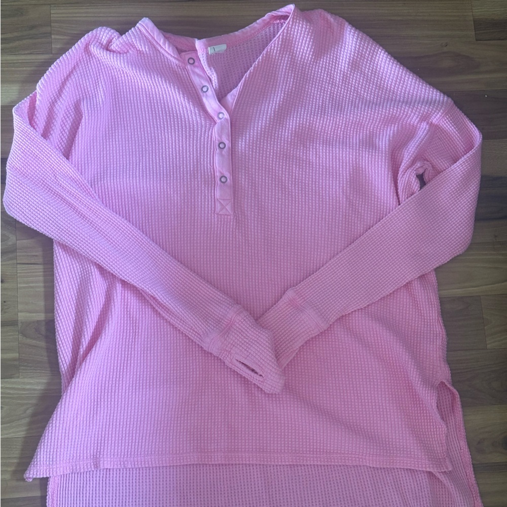 Bright Pink Waffle Knit Button-Up Top